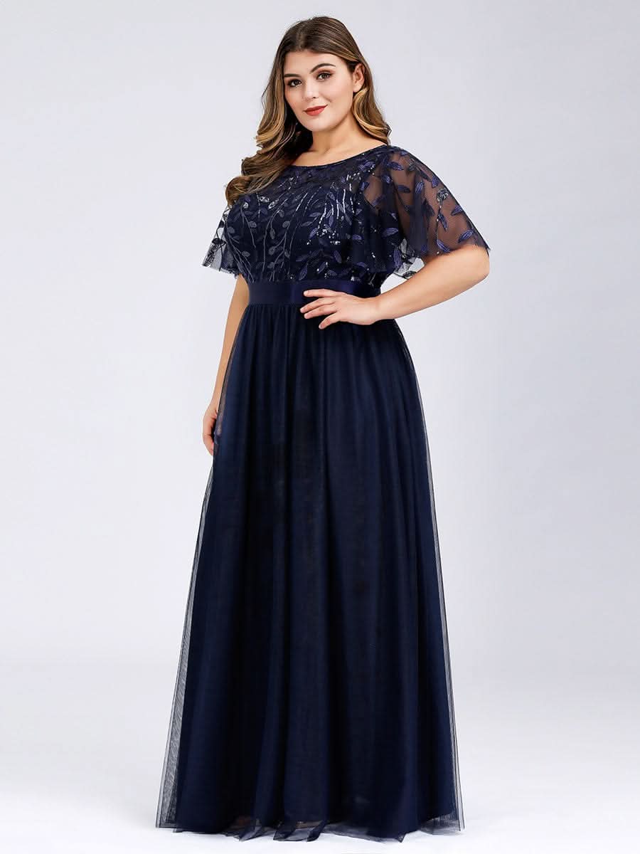 Plus Size Damen A-Line Stickerei Kurzarm Bodenlanges Brautjungfernkleid #Farbe_Navy Blau