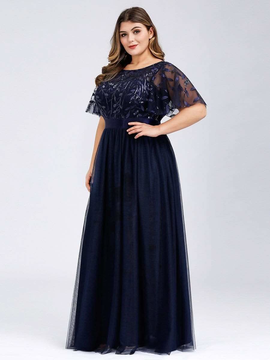 Plus Size Damen A-Line Stickerei Kurzarm Bodenlanges Brautjungfernkleid #Farbe_Navy Blau
