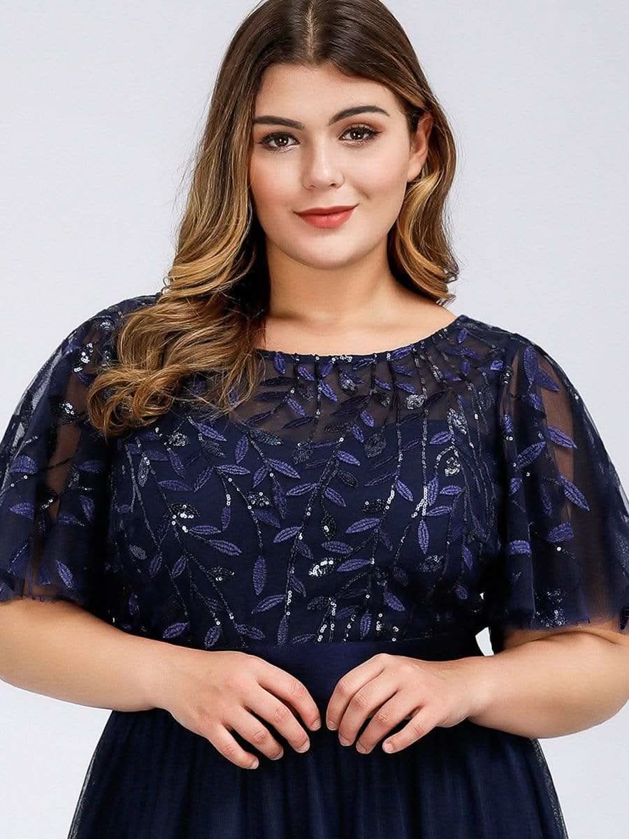 Plus Size Damen A-Line Stickerei Kurzarm Bodenlanges Brautjungfernkleid #Farbe_Navy Blau