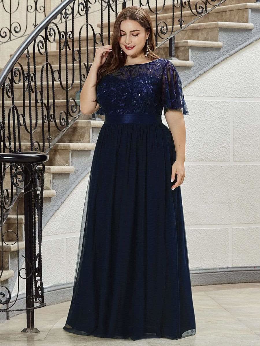 Plus Size Damen A-Line Stickerei Kurzarm Bodenlanges Brautjungfernkleid #Farbe_Navy Blau