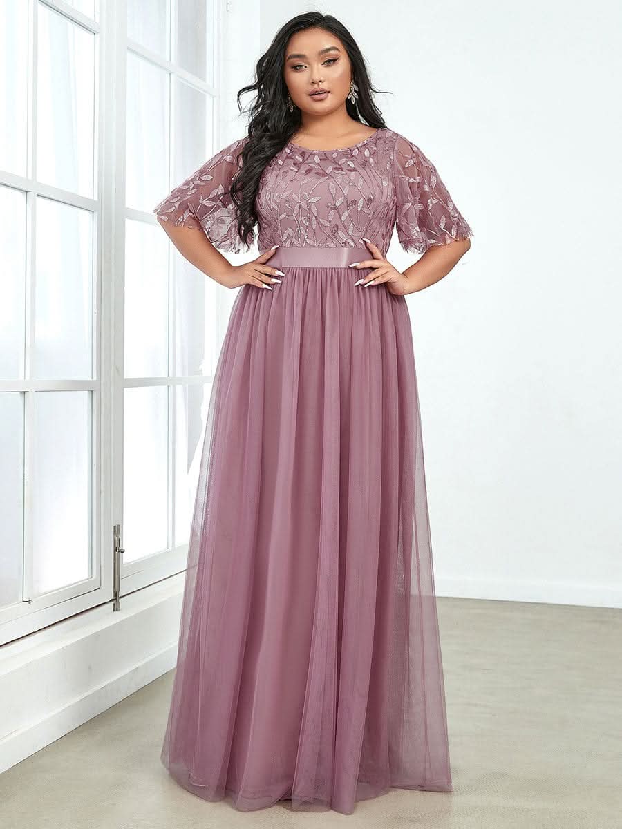 Plus Size Damen A-Line Stickerei Kurzarm Bodenlanges Brautjungfernkleid #Farbe_Orchid
