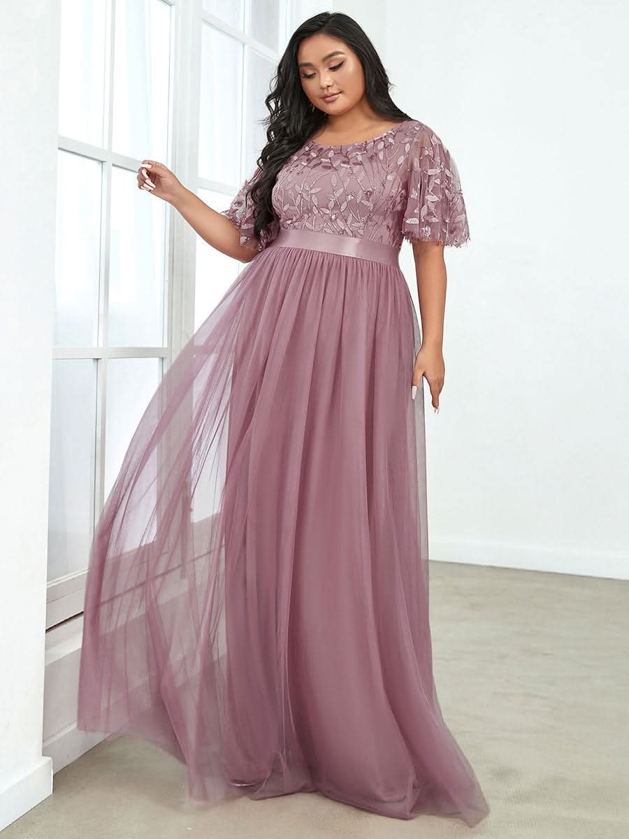 Plus Size Damen A-Line Stickerei Kurzarm Bodenlanges Brautjungfernkleid #Farbe_Orchid