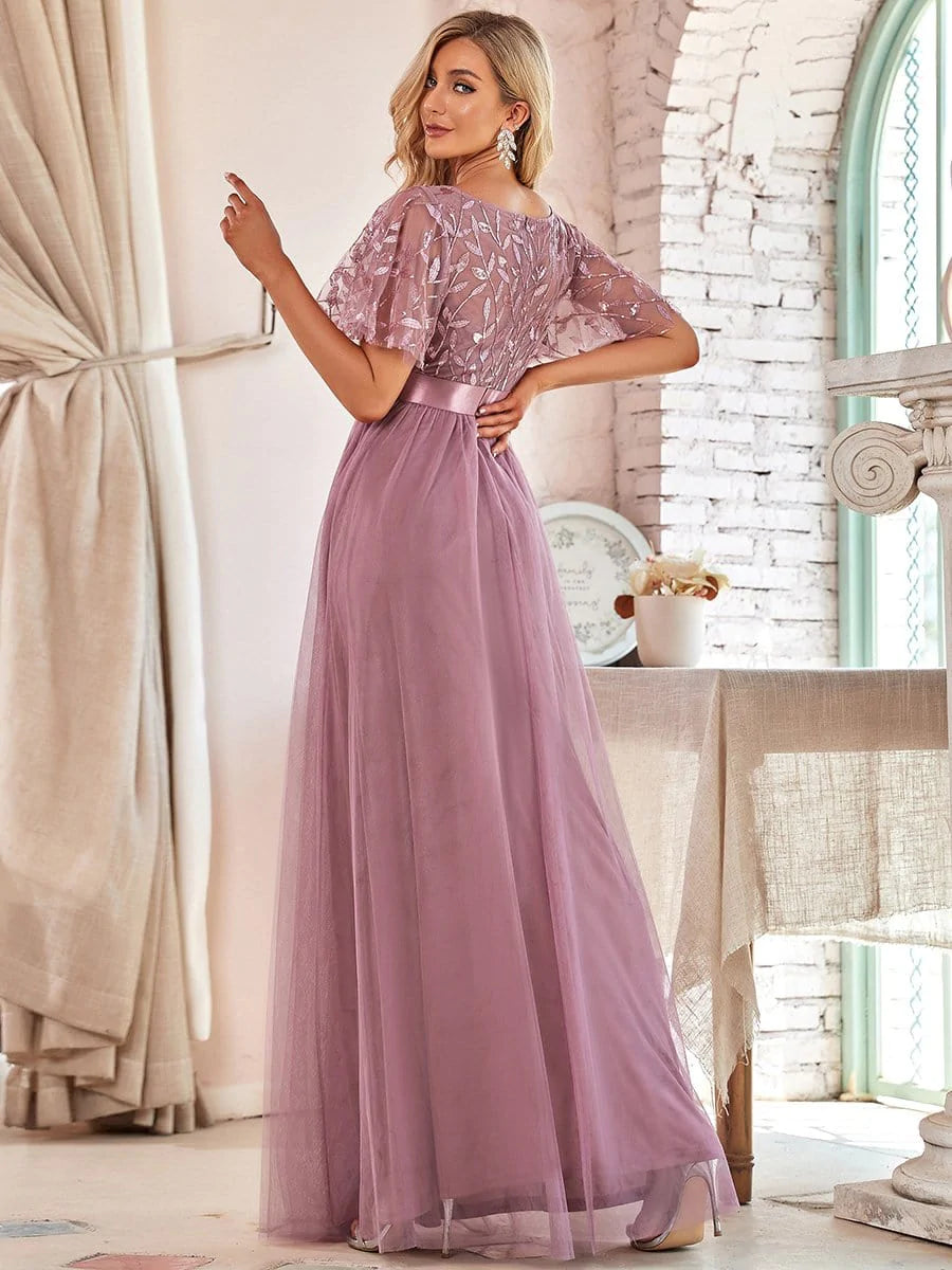 Größe Nach Maß Damen A-Line Kurzarm Stickerei Bodenlanges Abendkleid #Farbe_Orchid