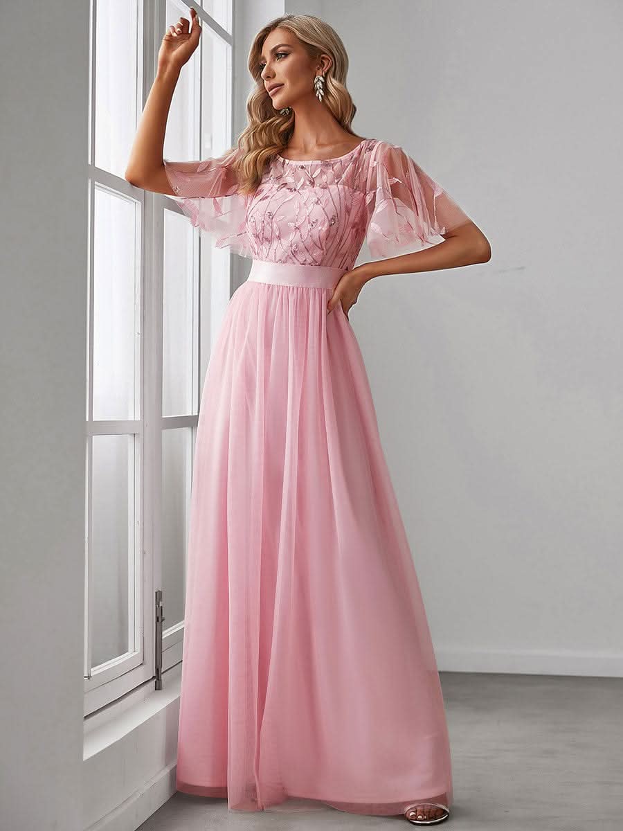 Damen A-Line Kurzarm Stickerei Bodenlanges Abendkleid #Farbe_Rosa