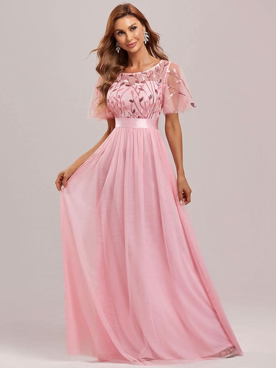 Damen A-Line Kurzarm Stickerei Bodenlanges Abendkleid #Farbe_Rosa