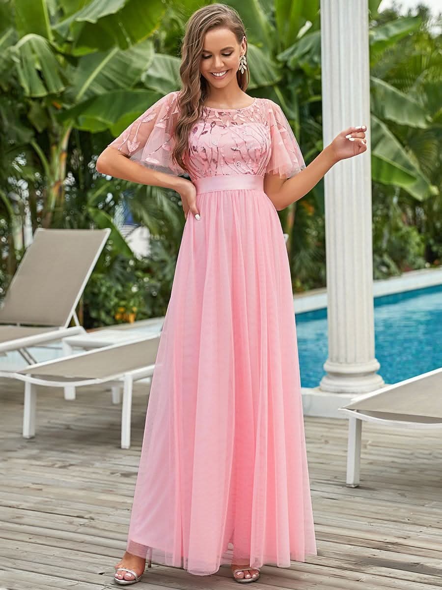 Damen A-Line Kurzarm Stickerei Bodenlanges Abendkleid #Farbe_Rosa