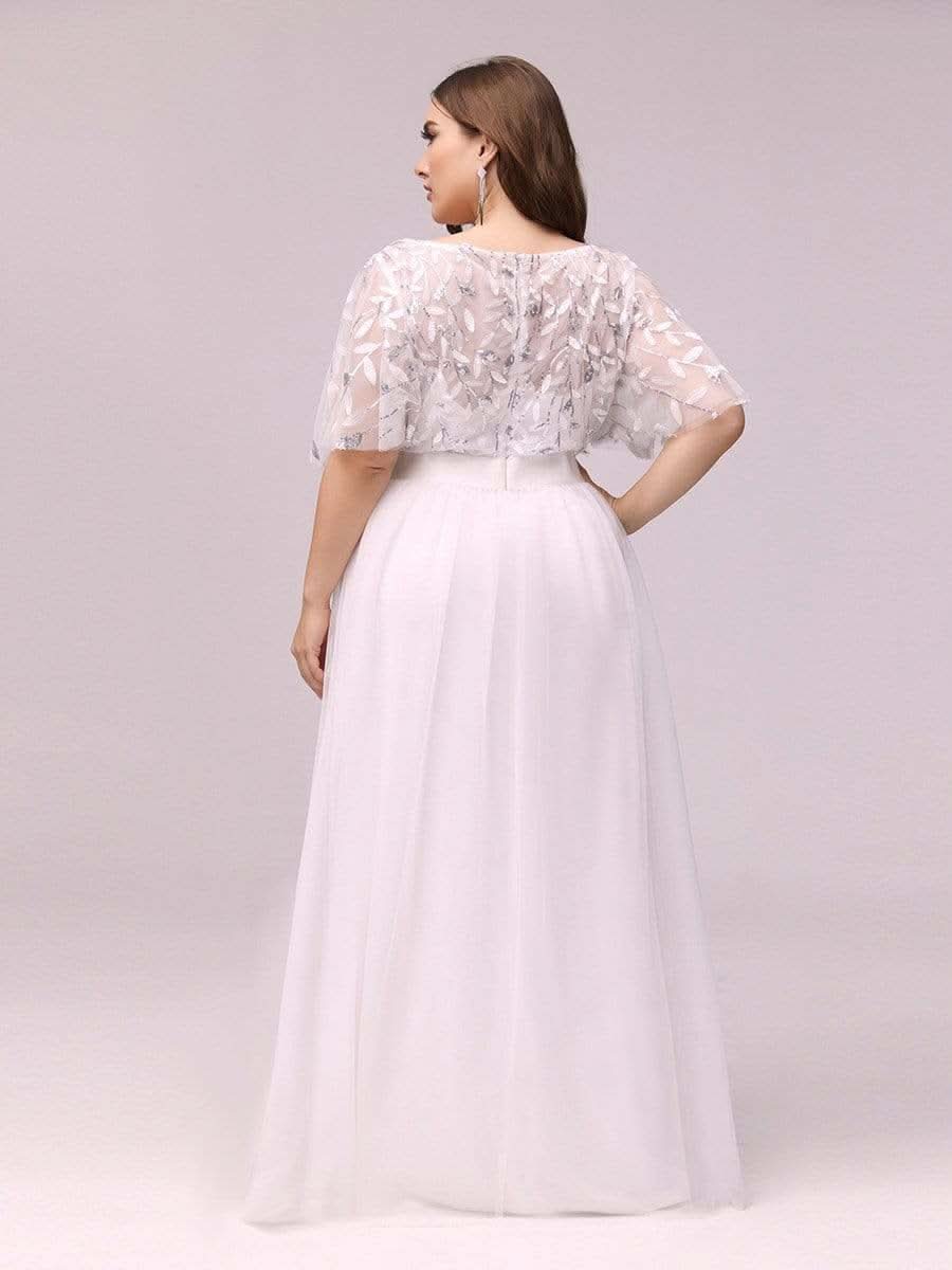Plus Size Damen A-Line Stickerei Kurzarm Bodenlanges Brautjungfernkleid #Farbe_Weiss