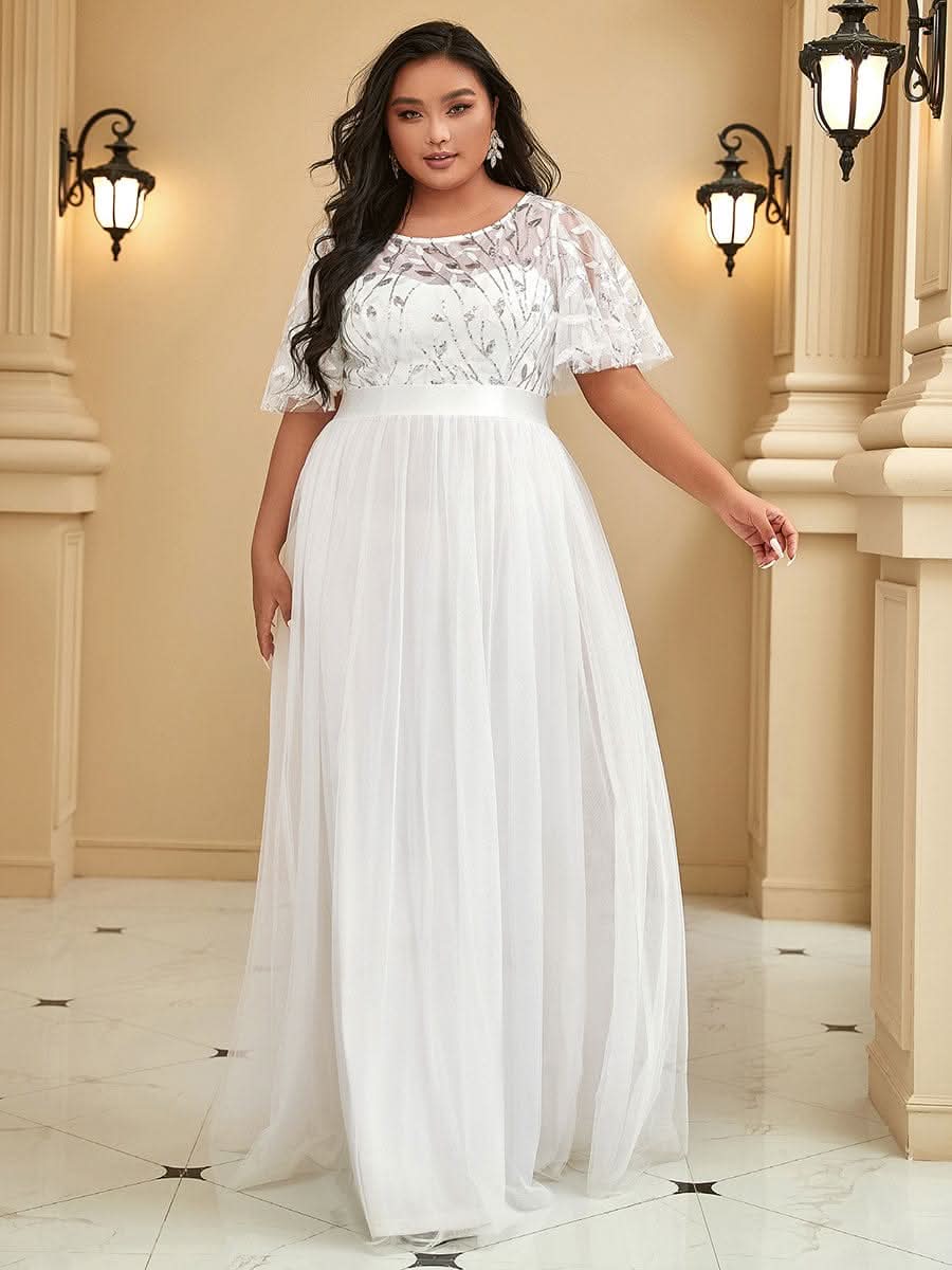 Plus Size Damen A-Line Stickerei Kurzarm Bodenlanges Brautjungfernkleid #Farbe_Weiss