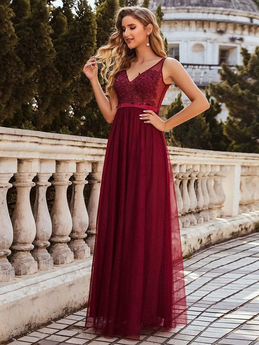 Color=Burgundy | Ever Pretty Frauen A-Line V-Ausschnitt Floral Lace Appliques Brautjungfernkleid 00930-Burgundy 3