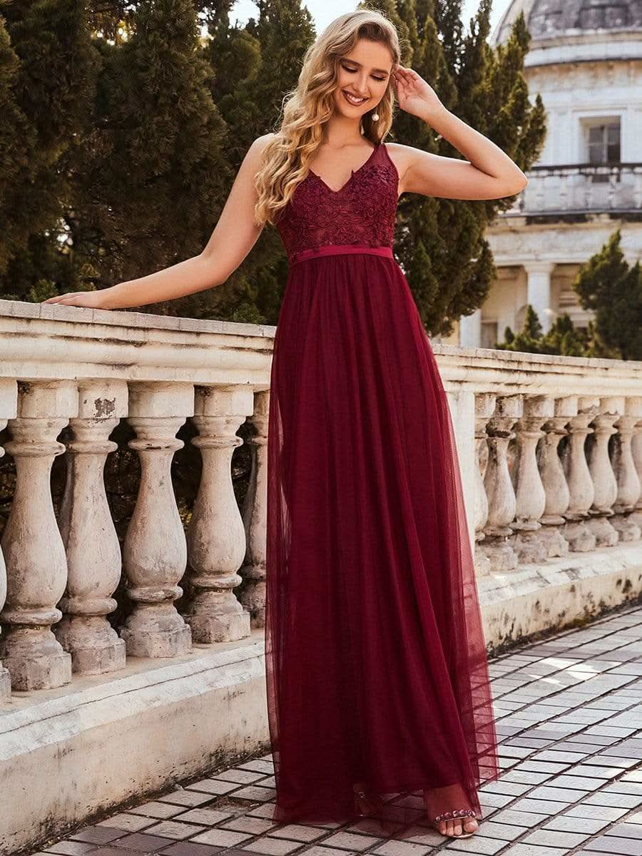 Color=Burgundy | Ever Pretty Frauen A-Line V-Ausschnitt Floral Lace Appliques Brautjungfernkleid 00930-Burgundy 4