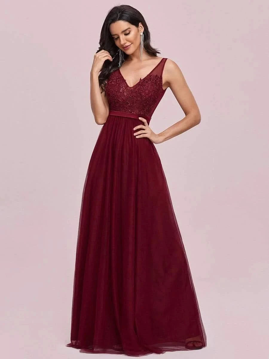 Color=Burgundy | Ever Pretty Frauen A-Line V-Ausschnitt Floral Lace Appliques Brautjungfernkleid 00930-Burgundy 6