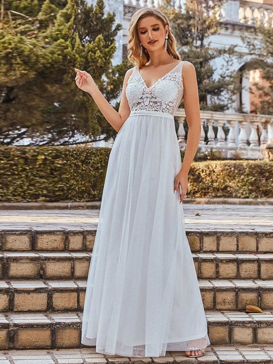 Color=Cream | Ever Pretty Frauen A-Line V-Ausschnitt Floral Lace Appliques Brautjungfernkleid 00930-Cream 4