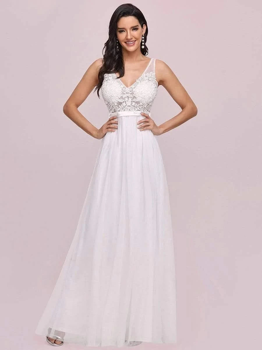 Color=Cream | Ever Pretty Frauen A-Line V-Ausschnitt Floral Lace Appliques Brautjungfernkleid 00930-Cream 5