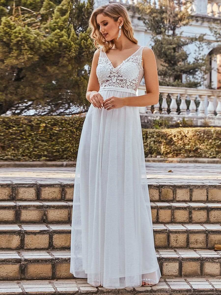 Color=Cream | Ever Pretty Frauen A-Line V-Ausschnitt Floral Lace Appliques Brautjungfernkleid 00930-Cream 3