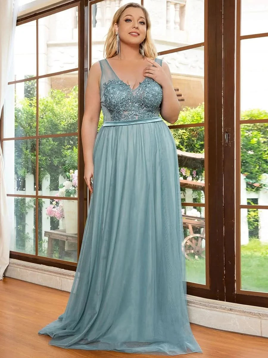 Color=Dusty Blau | Ever Pretty Frauen A-Line V-Ausschnitt Floral Lace Appliques Brautjungfernkleid 00930-Dusty Blau 6