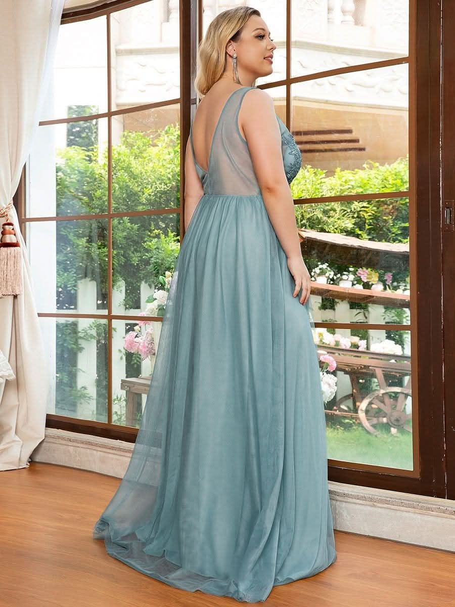 Color=Dusty Blau | Ever Pretty Frauen A-Line V-Ausschnitt Floral Lace Appliques Brautjungfernkleid 00930-Dusty Blau 7