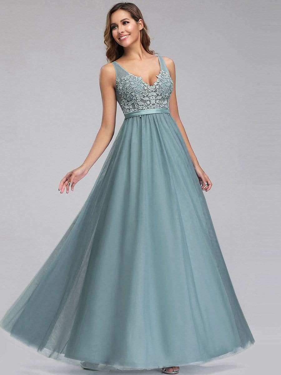 Color=Dusty Blau | Ever Pretty Frauen A-Line V-Ausschnitt Floral Lace Appliques Brautjungfernkleid 00930-Dusty Blau 4