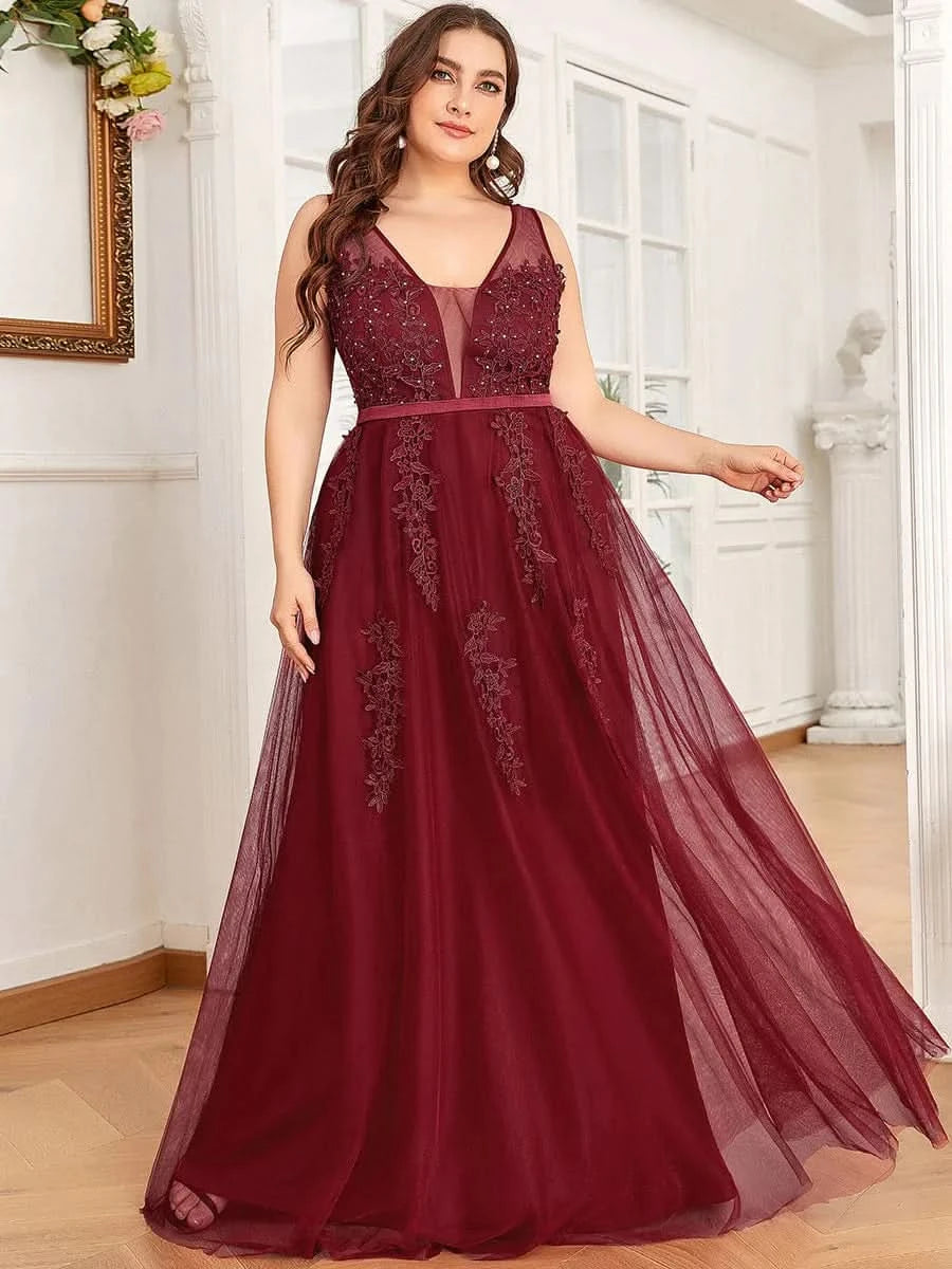 Größe Nach Maß Elegantes Ärmelloses Applique Flowy Tulle Abendkleid EP07543