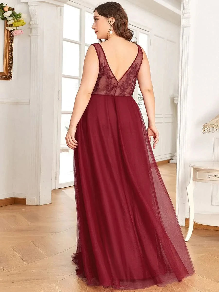 Größe Nach Maß Elegantes Ärmelloses Applique Flowy Tulle Abendkleid EP07543