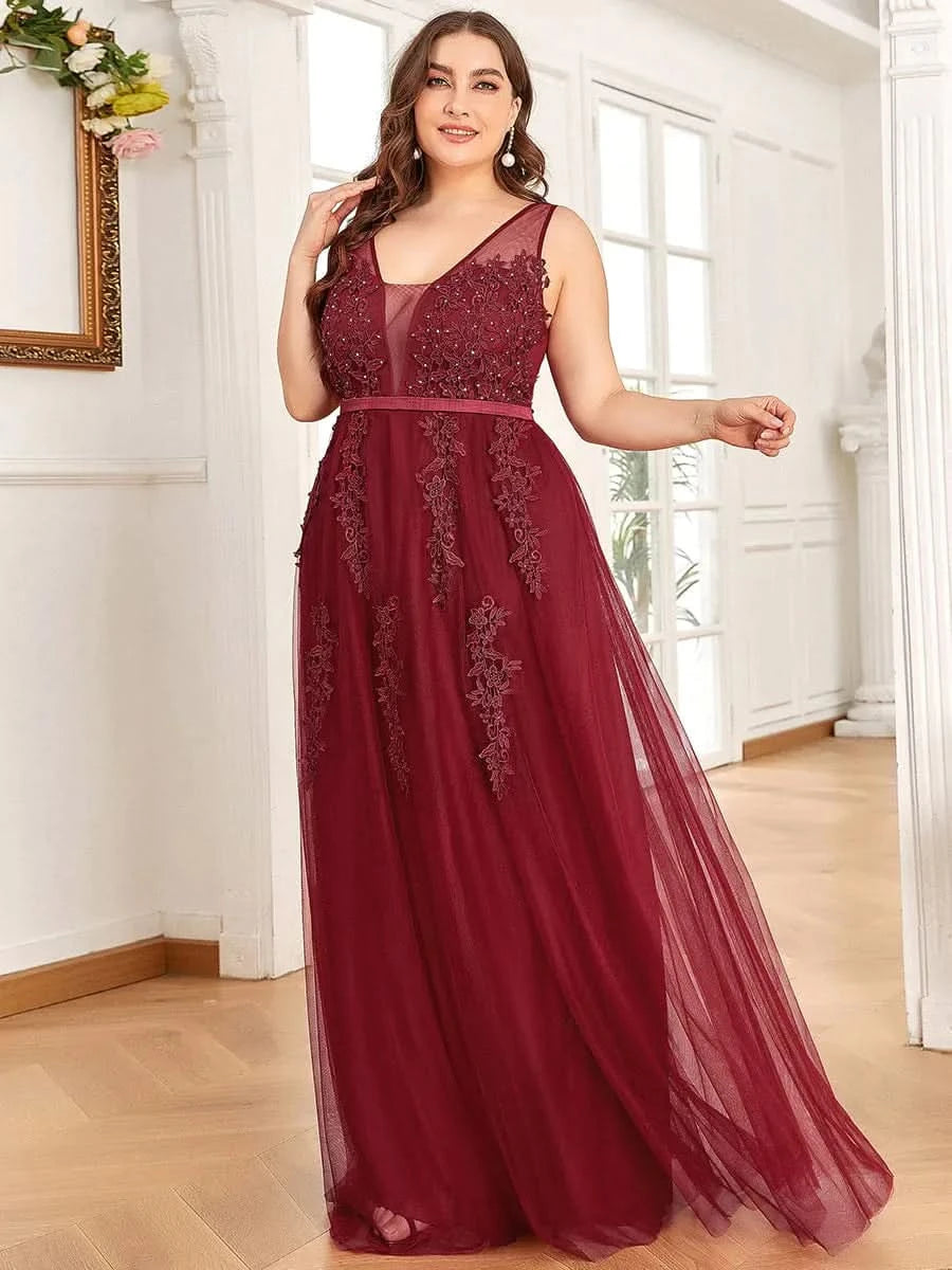 Größe Nach Maß Elegantes Ärmelloses Applique Flowy Tulle Abendkleid EP07543