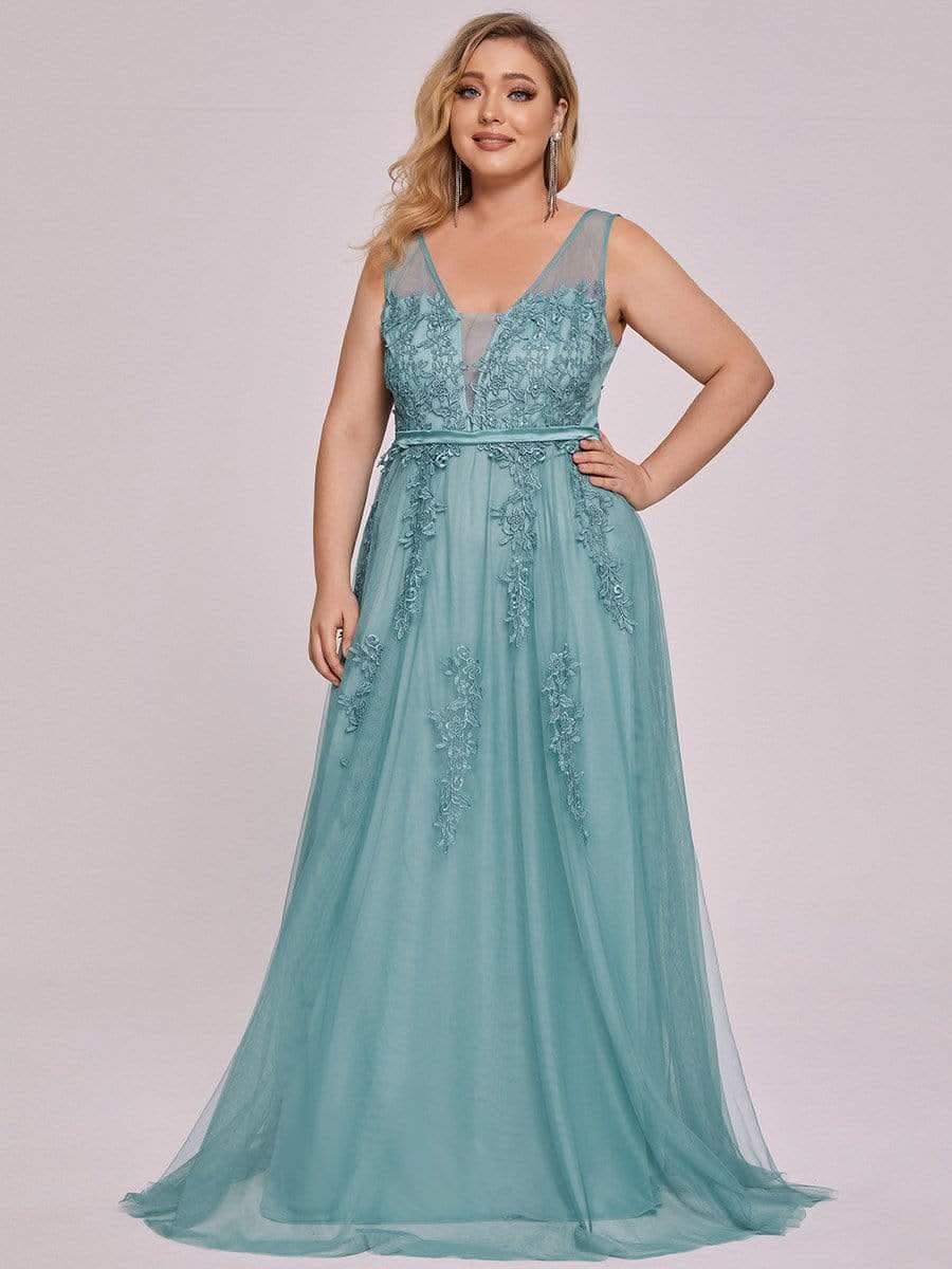 Größe Nach Maß Elegantes Ärmelloses Applique Flowy Tulle Abendkleid EP07543