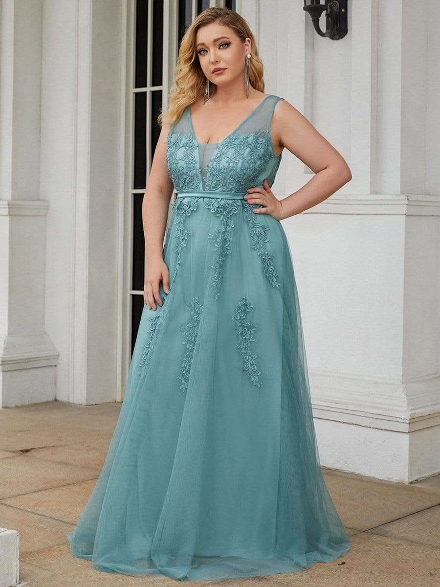 Größe Nach Maß Elegantes Ärmelloses Applique Flowy Tulle Abendkleid EP07543