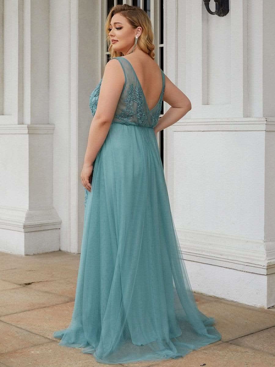 Größe Nach Maß Elegantes Ärmelloses Applique Flowy Tulle Abendkleid EP07543
