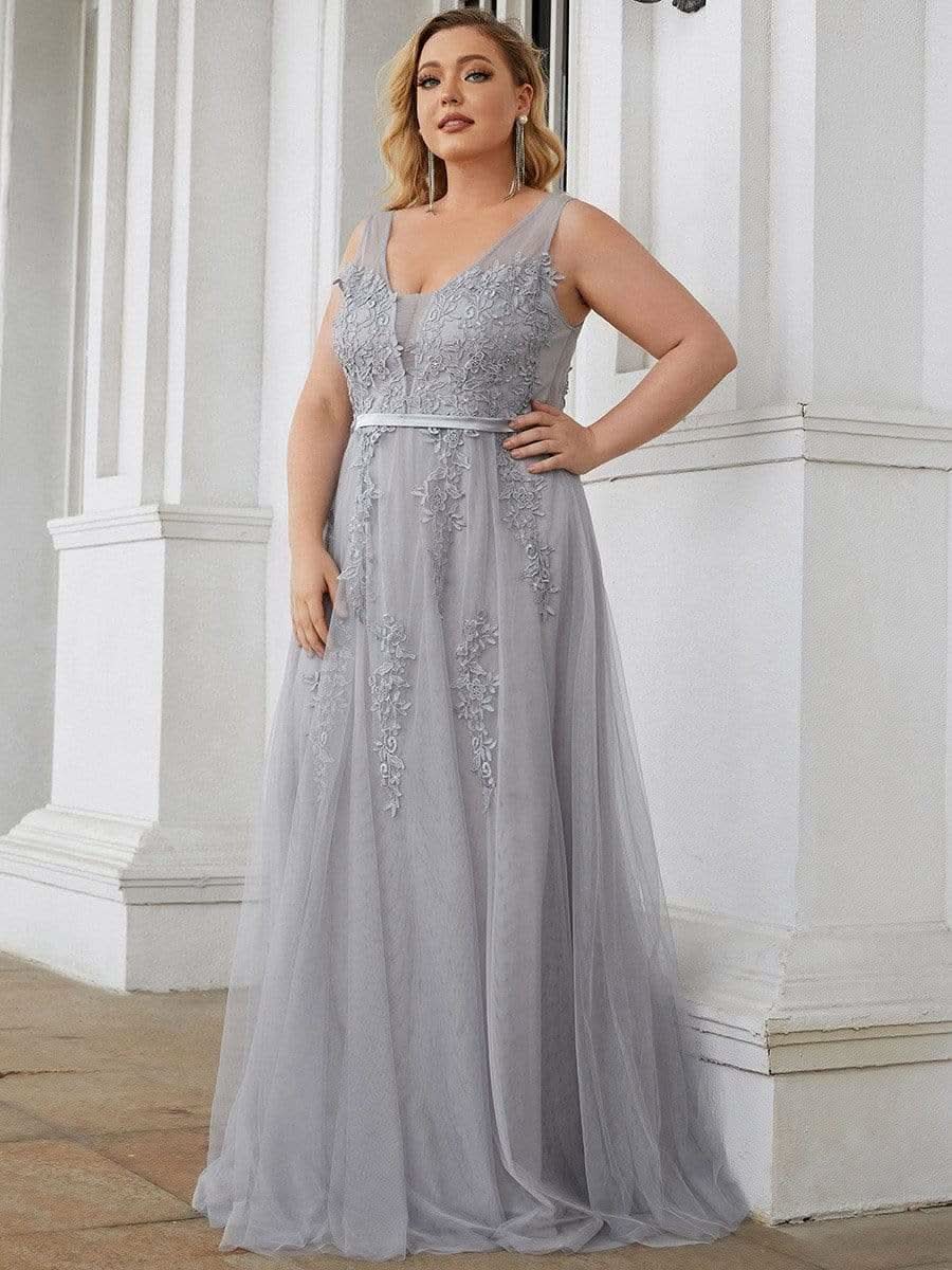 Größe Nach Maß Elegantes Ärmelloses Applique Flowy Tulle Abendkleid EP07543