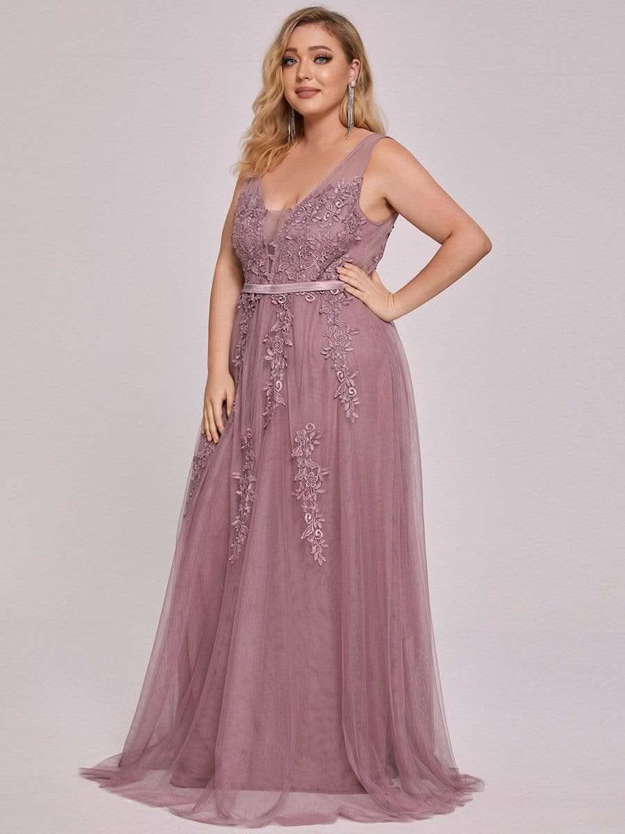 Größe Nach Maß Elegantes Ärmelloses Applique Flowy Tulle Abendkleid EP07543