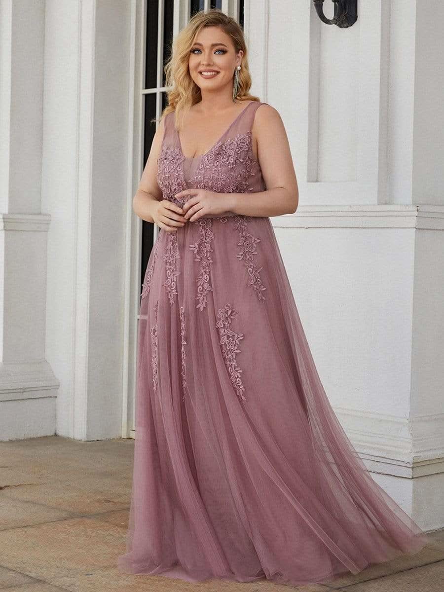 Größe Nach Maß Elegantes Ärmelloses Applique Flowy Tulle Abendkleid EP07543