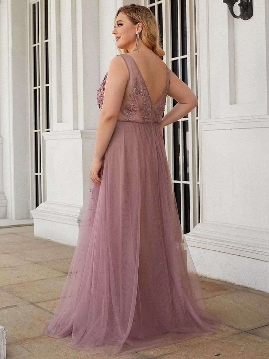 Größe Nach Maß Elegantes Ärmelloses Applique Flowy Tulle Abendkleid EP07543