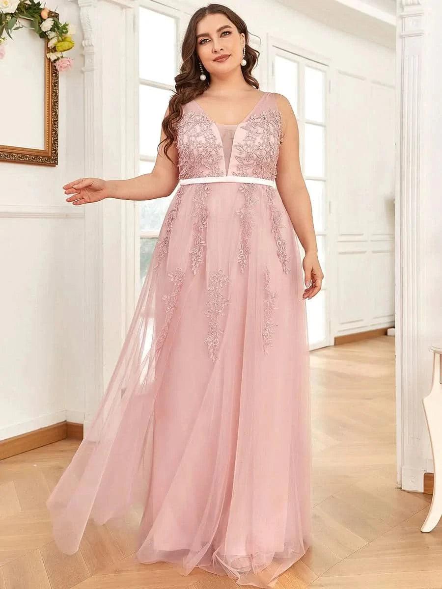 Größe Nach Maß Elegantes Ärmelloses Applique Flowy Tulle Abendkleid EP07543