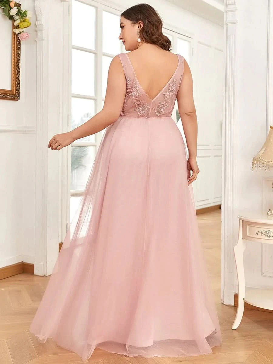 Größe Nach Maß Elegantes Ärmelloses Applique Flowy Tulle Abendkleid EP07543