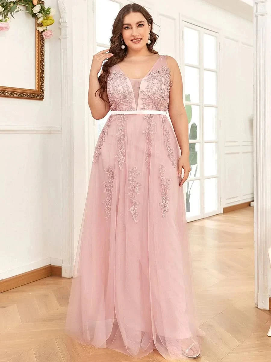Größe Nach Maß Elegantes Ärmelloses Applique Flowy Tulle Abendkleid EP07543