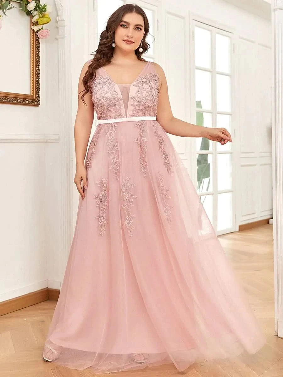 Größe Nach Maß Elegantes Ärmelloses Applique Flowy Tulle Abendkleid EP07543