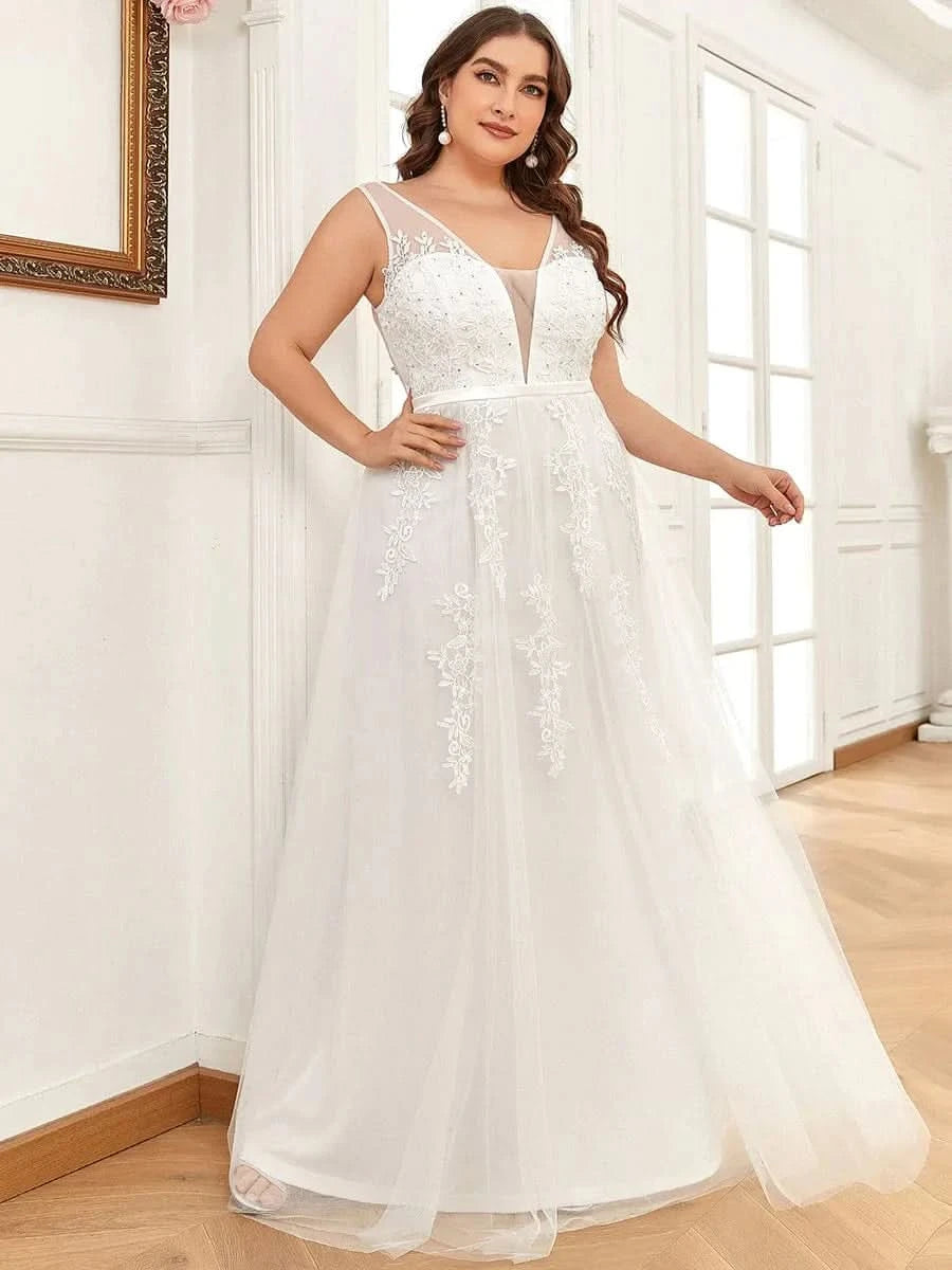 Größe Nach Maß Elegantes Ärmelloses Applique Flowy Tulle Abendkleid EP07543