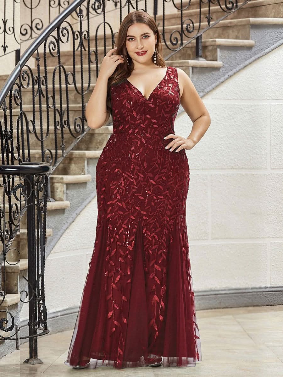 Plus Size Aermelloses Meerjungfrau Abendkleid mit doppeltem V-Ausschnitt 07886 #farbe_Burgundy