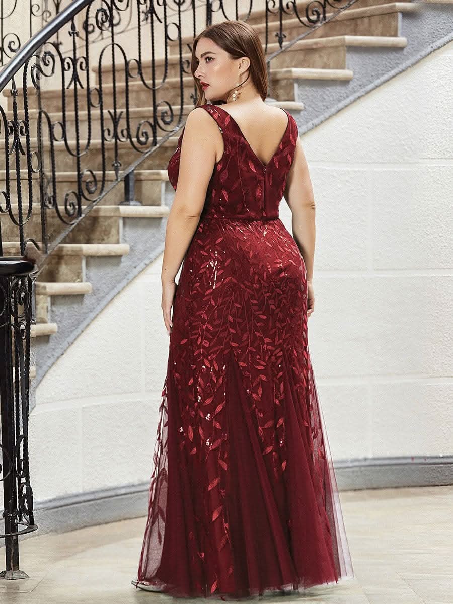 Plus Size Aermelloses Meerjungfrau Abendkleid mit doppeltem V-Ausschnitt 07886 #farbe_Burgundy