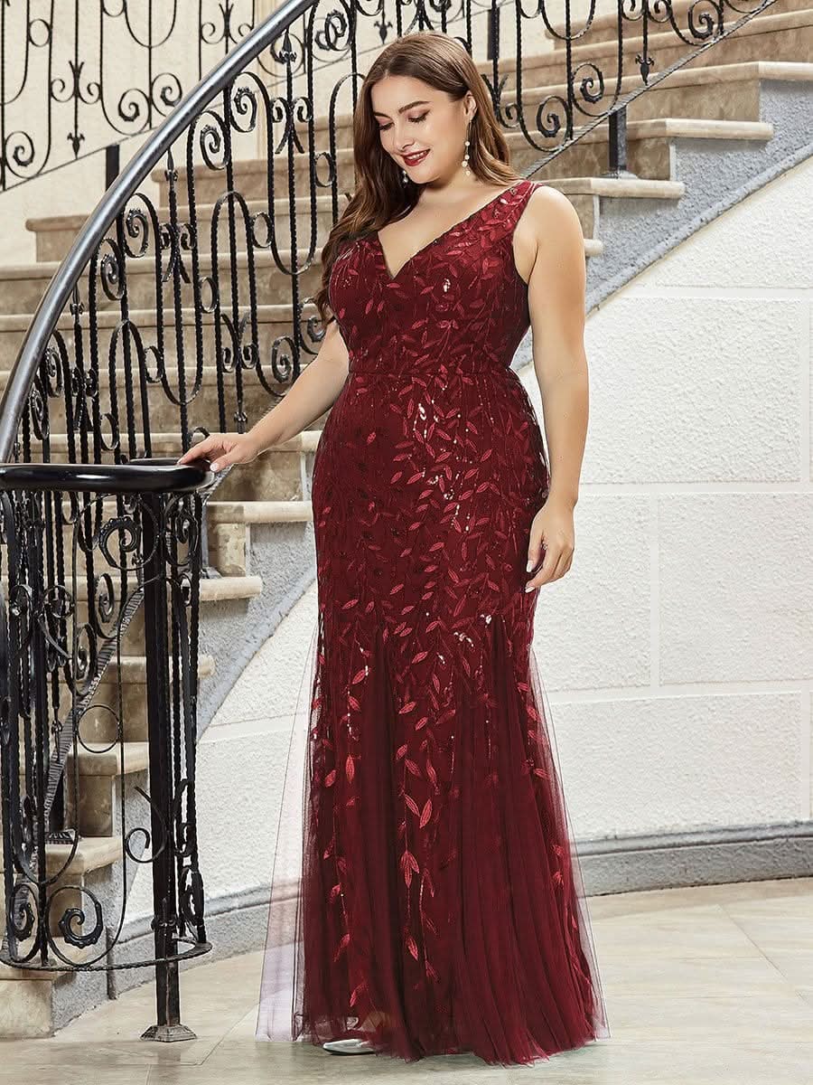 Plus Size Aermelloses Meerjungfrau Abendkleid mit doppeltem V-Ausschnitt 07886 #farbe_Burgundy