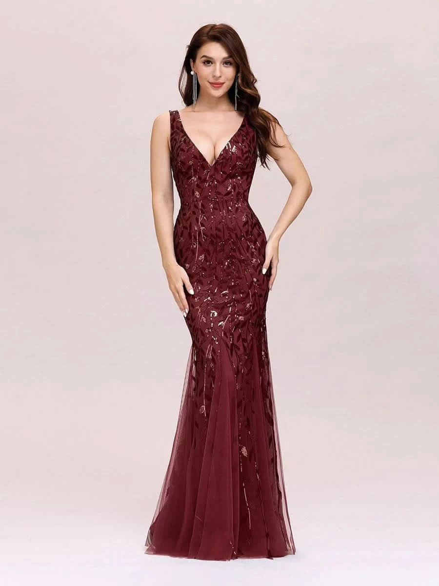 Color=Burgundy | Aermelloses Meerjungfrau Abendkleid Mit Doppeltem V-Ausschnitt 07886-Burgundy 4