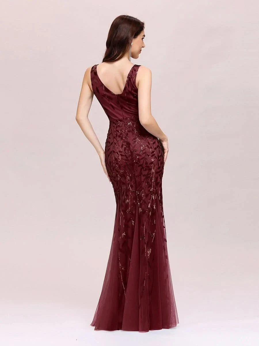 Color=Burgundy | Aermelloses Meerjungfrau Abendkleid Mit Doppeltem V-Ausschnitt 07886-Burgundy 5