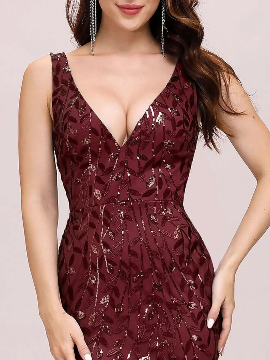 Color=Burgundy | Aermelloses Meerjungfrau Abendkleid Mit Doppeltem V-Ausschnitt 07886-Burgundy 6