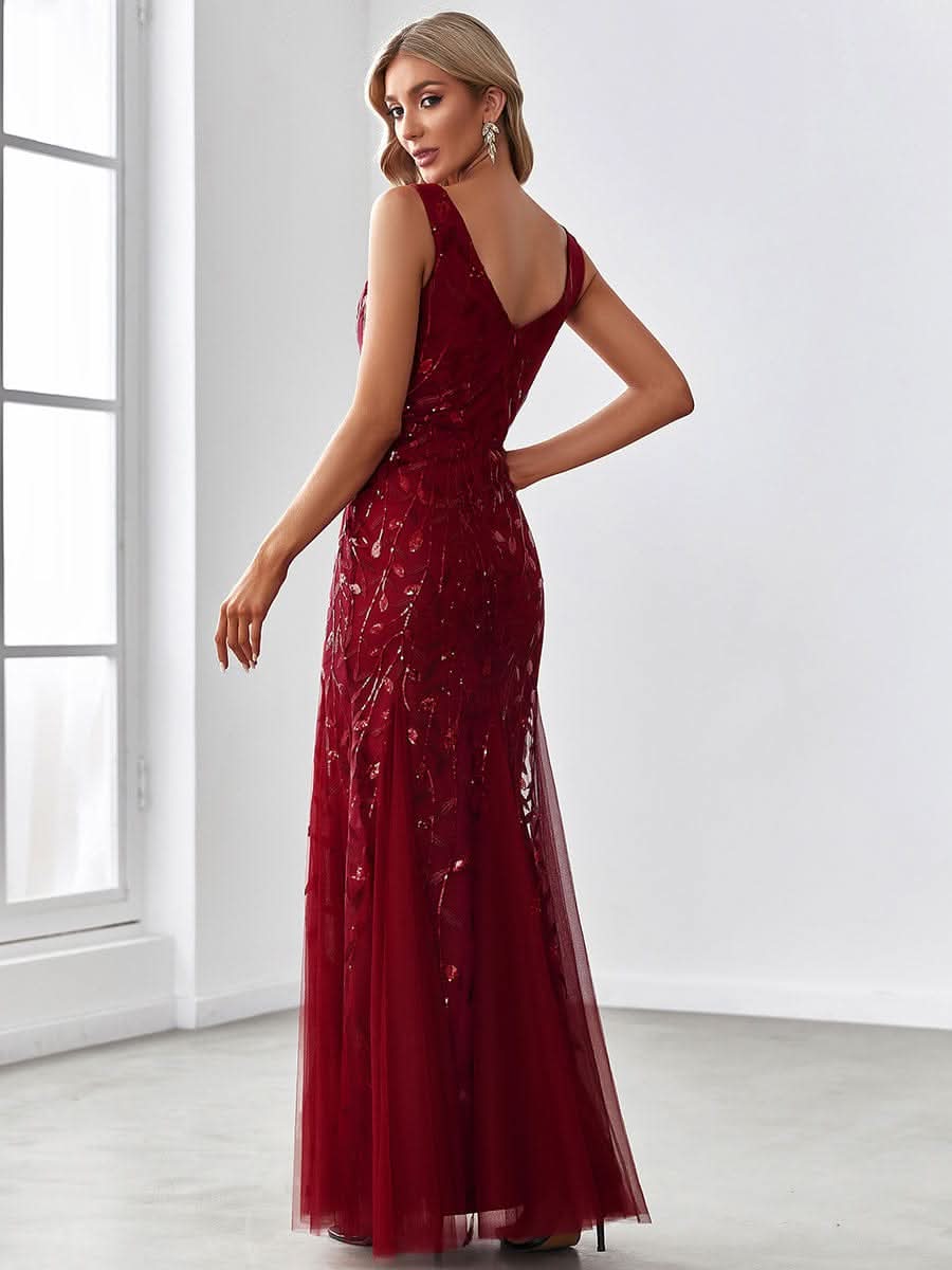 Aermelloses Abendkleid mit doppeltem V-Ausschnitt #Farbe_Burgundy