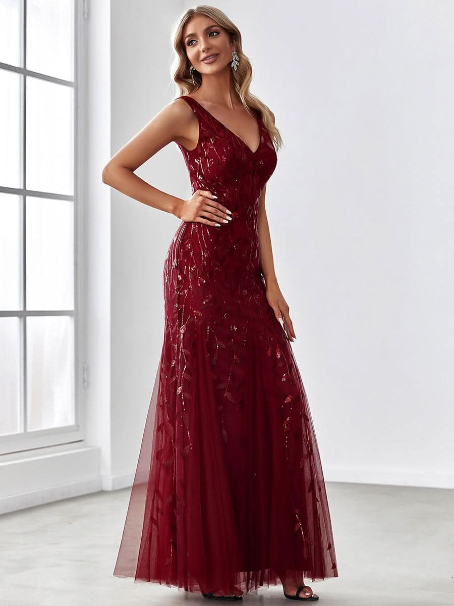 Aermelloses Abendkleid mit doppeltem V-Ausschnitt #Farbe_Burgundy