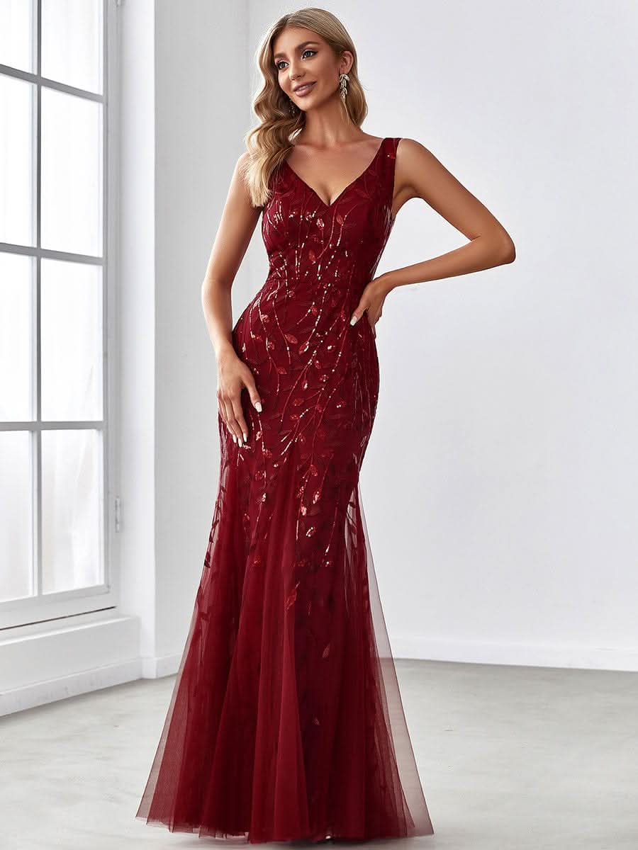 Aermelloses Abendkleid mit doppeltem V-Ausschnitt #Farbe_Burgundy