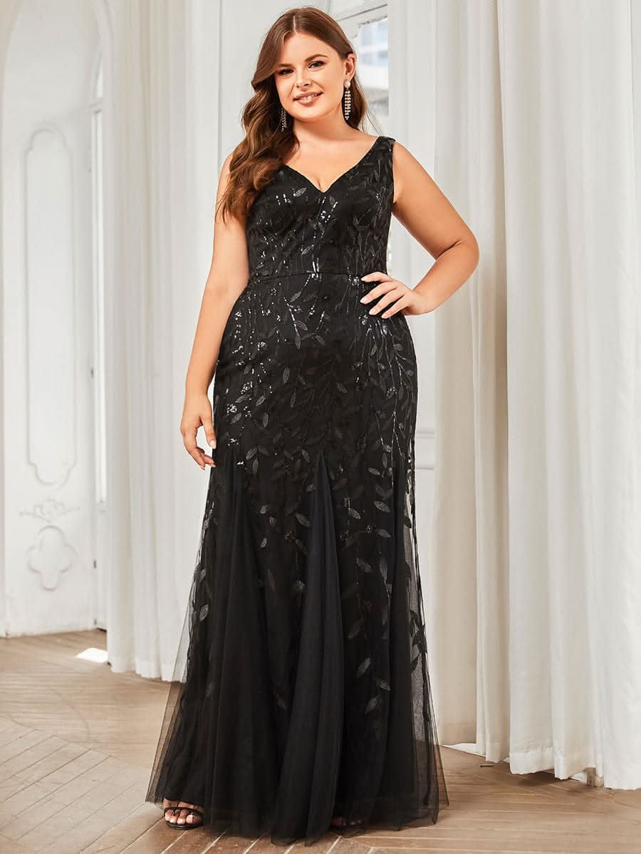 Plus Size Aermelloses Meerjungfrau Abendkleid mit doppeltem V-Ausschnitt 07886 #farbe_Schwarz
