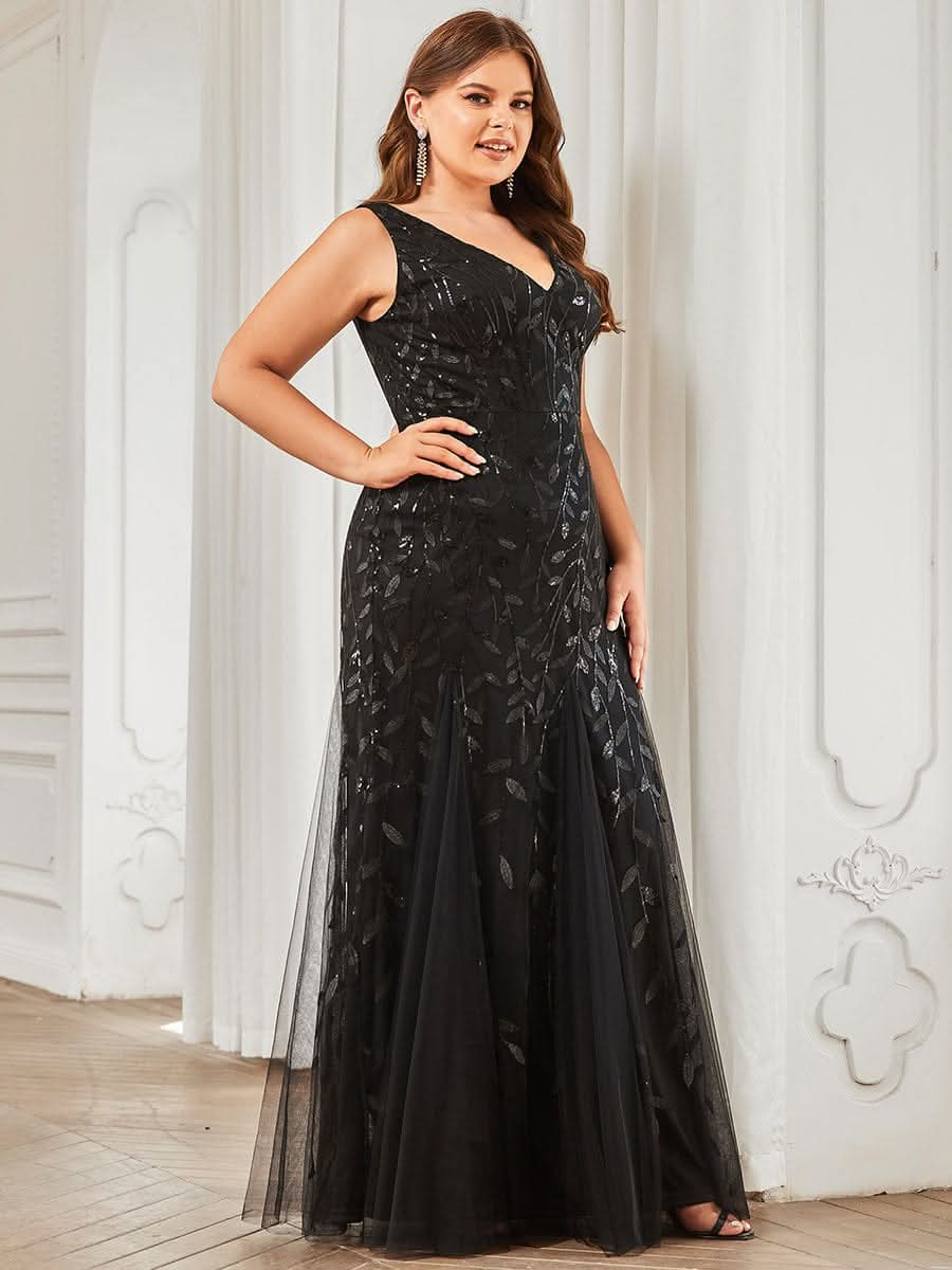 Plus Size Aermelloses Meerjungfrau Abendkleid mit doppeltem V-Ausschnitt 07886 #farbe_Schwarz