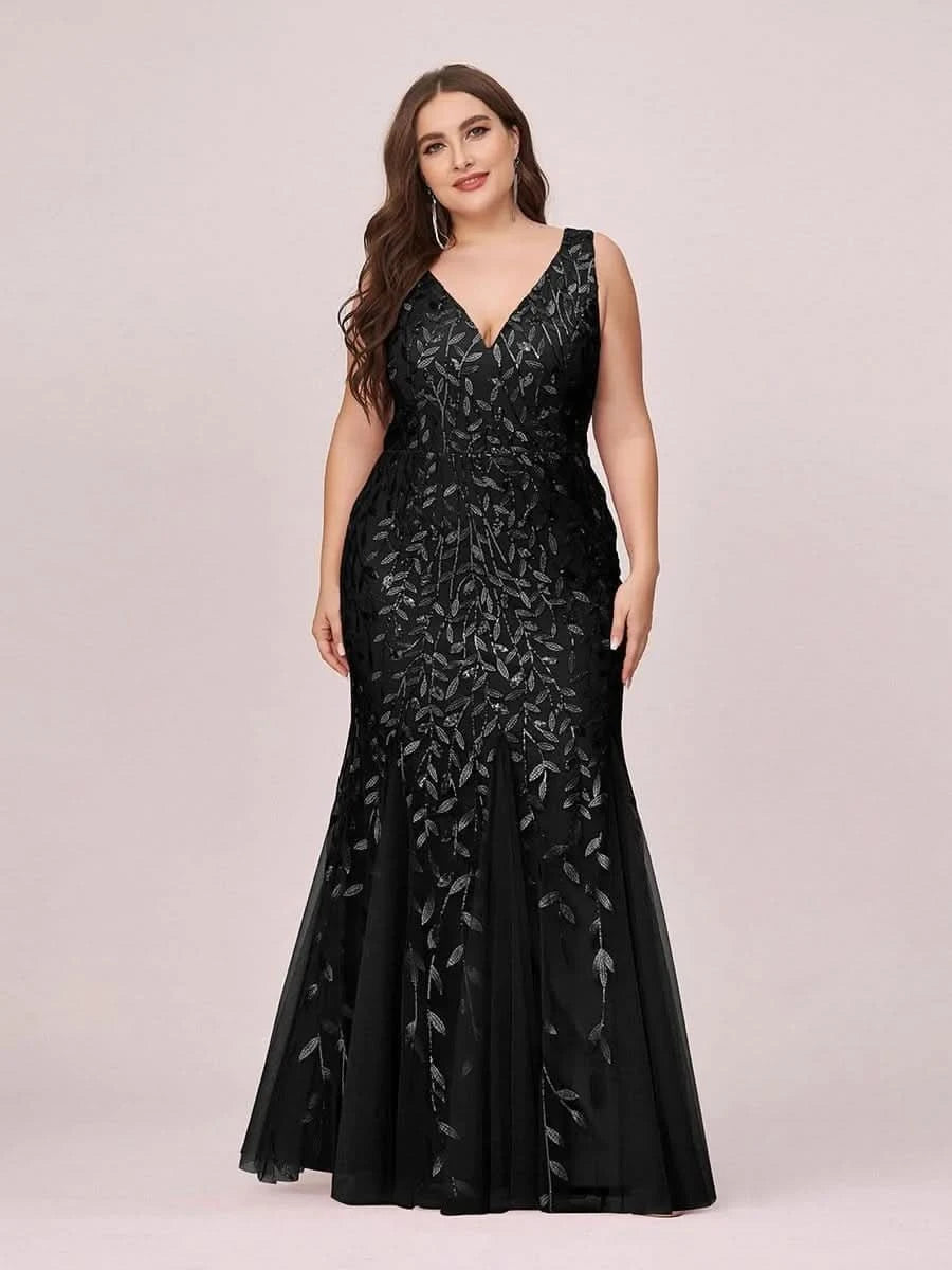 Color=Schwarz | Aermelloses Meerjungfrau Abendkleid Mit Doppeltem V-Ausschnitt 07886-Schwarz 10