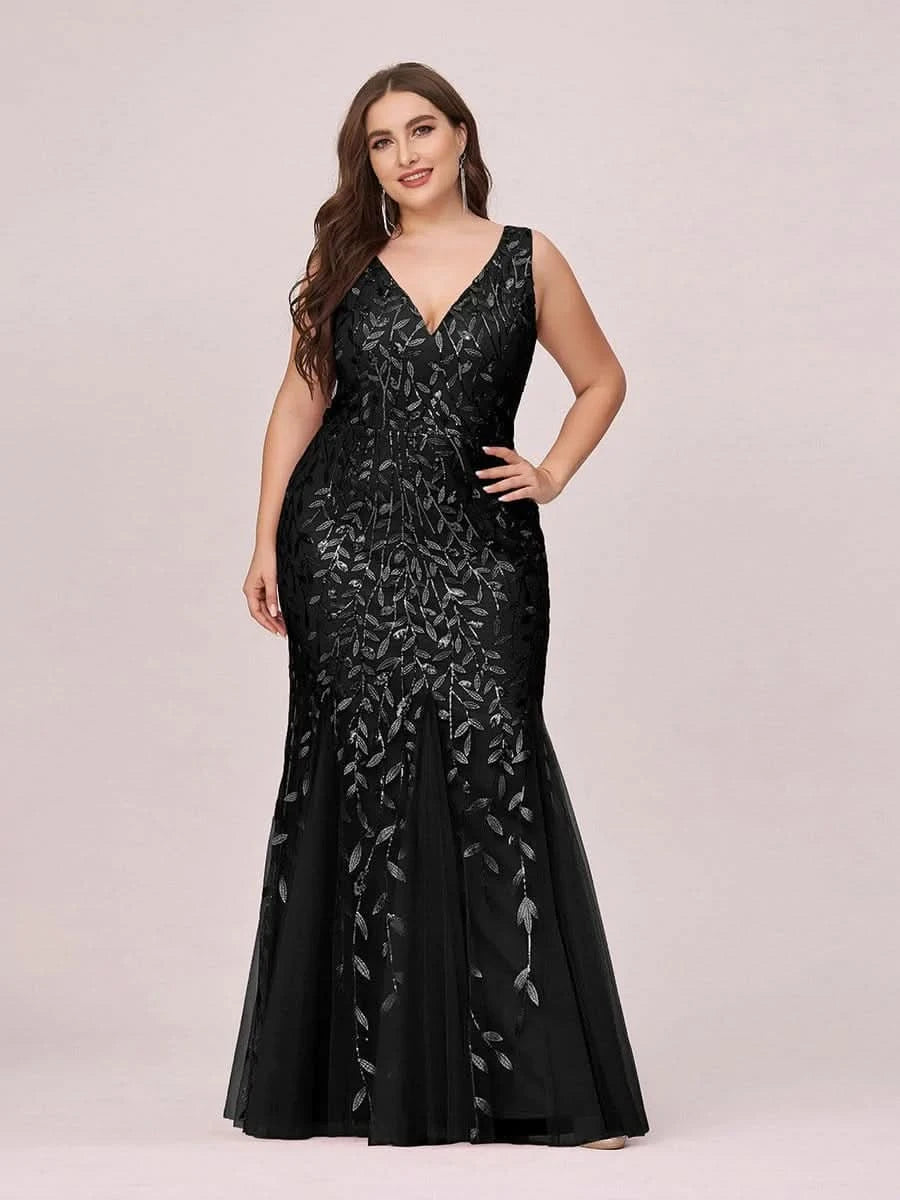 Color=Schwarz | Aermelloses Meerjungfrau Abendkleid Mit Doppeltem V-Ausschnitt 07886-Schwarz 7