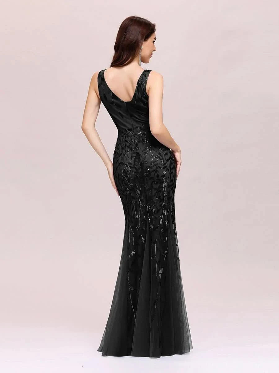 Color=Schwarz | Aermelloses Meerjungfrau Abendkleid Mit Doppeltem V-Ausschnitt 07886-Schwarz 5